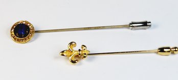 2 Vintage Gold Tone Stick Pins 3 Monet Fleur De Lis & Blue Stone