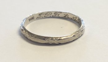 14k White Gold Antique Hand Engraved Wedding  Band 'Also Engraved Inside'