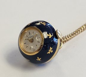 Ladies Wittnauer Watch  Pendant Blue Enamel With Bee's And Leaves On A Gold Colored Chain
