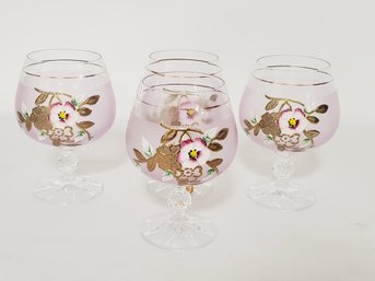 Set Of Four Pretty Hand Painted Bohemian Wine Glasses Pink Frosted With Floral Paint