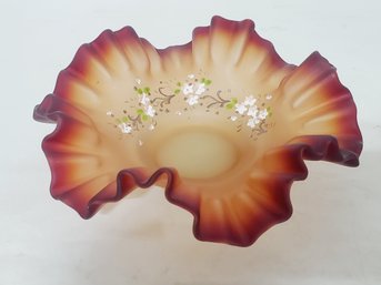 Vintage Fenton Burgundy & Orange Ombre Satin Glass Hand Painted Hand Blown Ruffled Edge Candy Dish