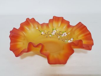 Vintage Fenton Orange Ombre Satin Glass Hand Painted Hand Blown Ruffled Edge Candy Dish