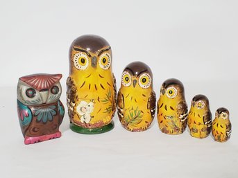 Vintage Assortment Of Pottery & Wood Owls Including Nesting Set Of Owls