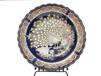 Beautiful Utsuwa Japan Cobalt Blue Dramatic Peacock Painted Large Decorative Platter Plate