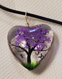 Lovely Glass Heart Encased Tree And Butterfly Pendant With A 16-18' Cloth Necklace