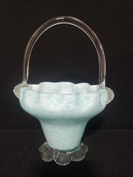 Pretty Pale Blue Speckled Hand Blown Art Glass Ruffled Edge Handled Basket