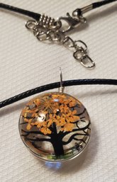 Round Glass Encased Tree & Butterfly Pendant With Cloth Necklace ~ 13/16' With 16-18' Cloth Necklace.
