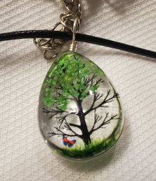 Teardrop Glass Encased Tree & Butterfly Pendant With Cloth Necklace ~ 1' X 3/4' With 16-18' Cloth Necklace.
