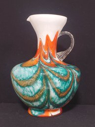 Wonderful Vintage MCM Art Glass Large Colorful Pitcher With Applied Clear Handle