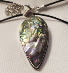Silver Plated Huge Abalone Pendant 1 3/4' X 7/8' With 16-18' Cloth Necklace