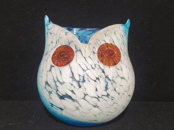 Adorable Vintage Blown Art Glass White & Blue Large Owl Vase / Container