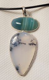 Silver Plated Double Pendant  With Green Lace Agate & Dendritic Opal Agate ~ 1 7/8' X 7/8' With 16-18' Cloth N