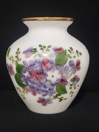 Vintage Consolidated Milk Glass Hand Painted Violets Gold Rimmed Flower Vase