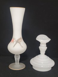 Two Vintage Bud Vases - Satin Hand Painted Footed Vase & Opaline Glass Small Vase