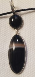 Silver Plated Double Pendant With Banded Black Onyx Stone 2' X 1/2' With 16-18' Cloth Necklace