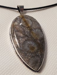 HUGE Silver Plated Natural Flower Fossil Coral 2' X 1 7/8' With A 16-18' Cloth Necklace
