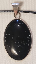 Silver Plated Black Snowflake Obsidian 1 3/8' X 7/8' With A 16-18' Cloth Necklace