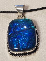 Silver Plated Manufactured Blue Green Australian Triplet Opal Pendant 1' X 3/4' With A 16-18' Cloth Necklace