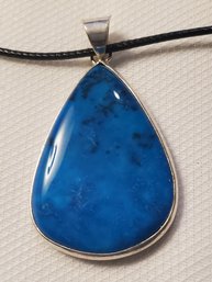 Silver Plated Huge Turquoise Pendant 1 1/2' X 1 1/16' With A 16-18' Cloth Necklace