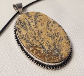 Silver Plated Enormous Psilomelane Dendritic Fossil 2' X 1 1/4' With A 16-18' Cloth Necklace