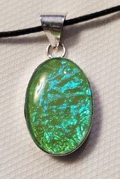 Silver Plated Manufactured Australian Triplet Opal Pendant 1' X 3/4' With A 16-18' Cloth Necklace
