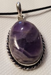 Silver Plated Raw Amethyst Pendant 1 3/8' X 3/4' With A 16-18' Cloth Necklace