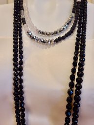 2 Black Crystal Vintage Opera Length Necklaces  Plus Rose Quartz And Silver Crystals