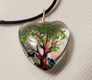 Glass Heart Encased Tree And Butterfly 1' Pendant With A 16-18' Cloth Necklace