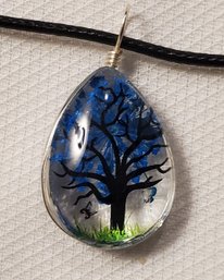 Teardrop Glass Encased Tree And Butterfly 1' Pendant With A 16-18' Cloth Necklace