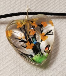 Heart Shaped Glass Encased Tree And Butterfly 1' Pendant With A 16-18' Cloth Necklace