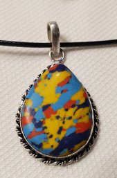 Silver Plated Teardrop Mosaic Jasper Pendant With A 16-18' Cloth Necklace ~ 1 1/8' X 3/4'