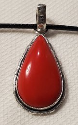 Silver Plated Teardrop Red Coral Pendant 1 1/8' X 5/8' With A 16-18' Cloth Necklace ~