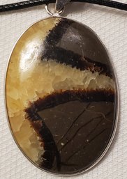 Silver Plated Huge Septarian Jasper Pendant 1 3/4' X 1 1/8' With A 16-18' Cloth Necklace
