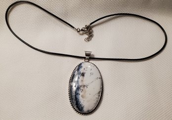 Huge Silver Plated Dendritic Opal Pendant 1 7/8' X 1 1/8' With A 16-18' Cloth Necklace