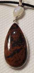 Silver Plated Double Pendant With With Mahogany Jasper & Moonstone 1 5/8' X 1/2' With A 16-18' Cloth Necklace