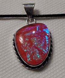 Silver Plated Manufactured Australian Triplet Opal Pendant 1' X 3/4' With A 16-18' Cloth Necklace