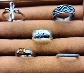 Group Of Five Sterling Rings, One With Amber