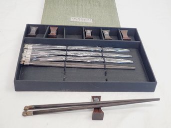 The Penninsula Bangkok Wood & Sterling Silver 925 Accented Chopsticks And Stands In Case