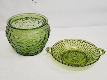Vintage Avocado Green Glass - EO Brody Bumpy Glass Vase & Indiana Glass Honeycomb Candy Dish