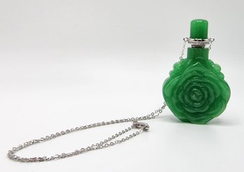 Green Jade Carved Rose Scent Perfume Bottle Necklace In Sterling