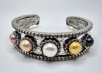 Multi-color Freshwater Pearl Cuff Bracelet In Silver Tone