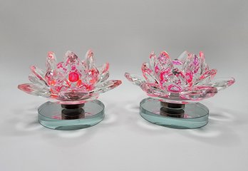 Set Of 2 White & Pink Crystal Lotus Flowers