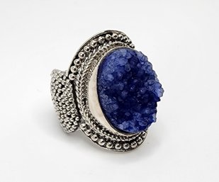 Bali, Blue Drusy Quartz Ring In Sterling Silver
