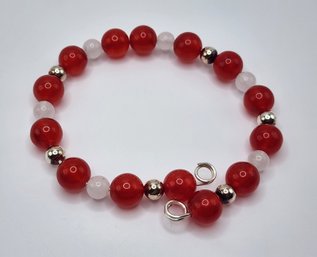 Red & White Jade, Plated Sterling Wrap Bracelet - Hand Crafted