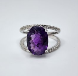 Purple Amethyst, White Zircon, Rhodium Over Sterling Ring