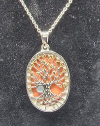 Orange Turquoise Tree Of Life Pendant Necklace In 14k Yellow Gold & Platinum Over Copper
