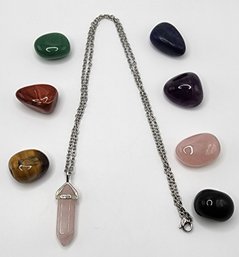 Rose Quartz Pendant Necklace With 7 Chakra Tumbled Gemstones In Stainless & Silver Tone