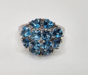 Swiss Blue Topaz With Round Diamond Accents, Rhodium Over Sterling Ring