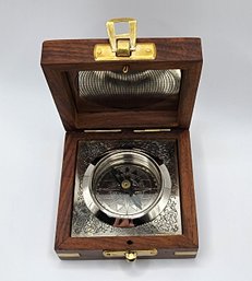 Handcrafted Wooden Box With Built In Silver Tone Compass