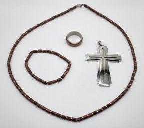 Brown Plated Hematite Men's Stretch Bracelet, Band Ring & Cross Pendant With Matching Necklace In Stainless